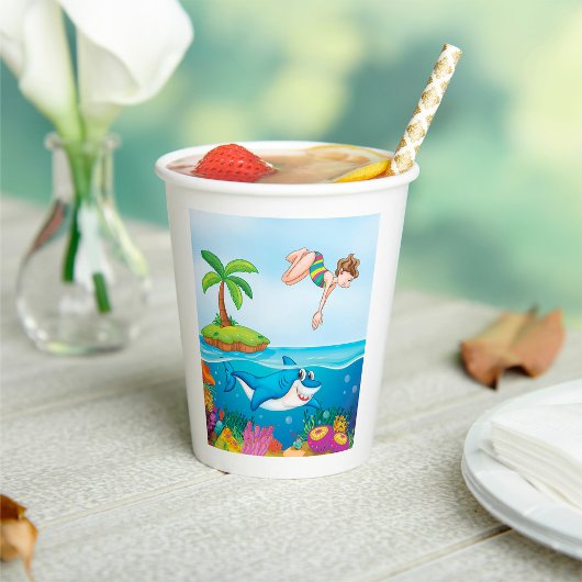 Girl Diving in Ocean Friendly Shark Coral Reef Pappbecher