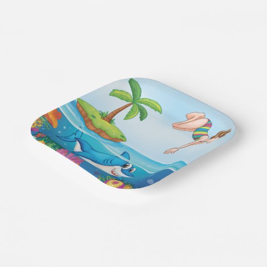 Girl Diving in Ocean Friendly Shark Coral Reef Pappteller (Gewinkelt)