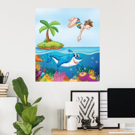 Girl Diving in Ocean Friendly Shark Coral Reef Poster (Heimbüro)