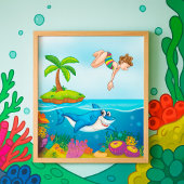 Girl Diving in Ocean Friendly Shark Coral Reef Poster