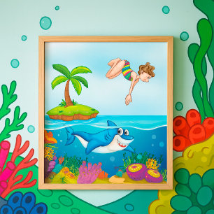 Girl Diving in Ocean Friendly Shark Coral Reef Poster