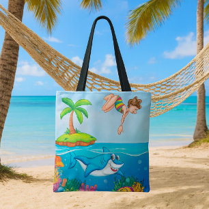 Girl Diving in Ocean Friendly Shark Coral Reef Tasche