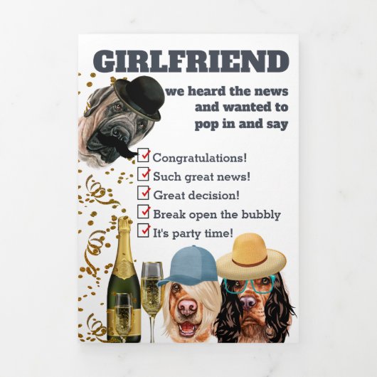 Girl dogs Champagner gratuliert Verlobung Dreifach Gefaltete Urlaubskarte (Cover)