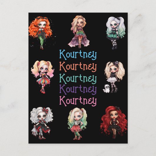 Girl Doll Spooky Halloween Thema mit Namen Postkarte (Vorderseite)