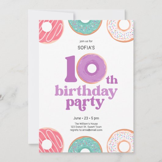 Girl donut 10th Birthday Party Invitation Einladung (Vorderseite)