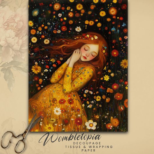 Girl Dreaming in einem Feld der Goldenen Wildblume Seidenpapier