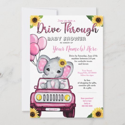 Girl Drive By Baby Shower Elephant Sonnenblume Einladung (Vorderseite)