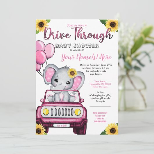 Girl Drive By Baby Shower Elephant Sonnenblume Einladung (Stehend Vorderseite)