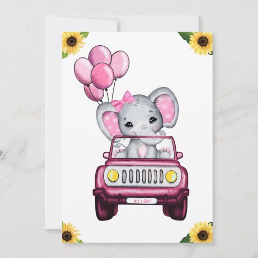 Girl Drive By Baby Shower Elephant Sonnenblume Einladung (Rückseite)