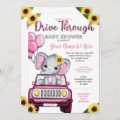 Girl Drive By Baby Shower Elephant Sonnenblume Einladung (Vorne/Hinten)