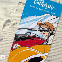 Girl Driving Fast Vintage Auto Strandtuch