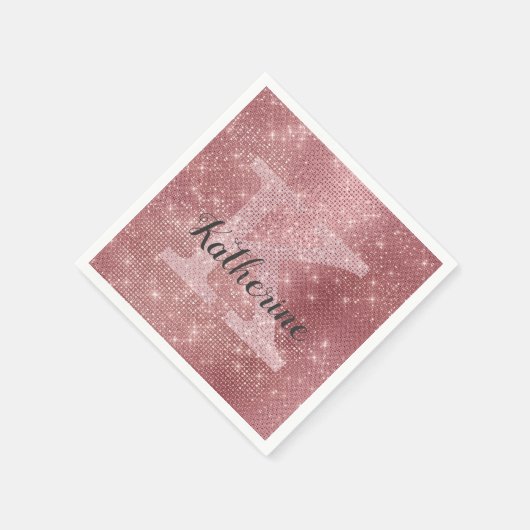 Girl Dusty Rose Gold Pink Diamond Monogram Name Serviette (Ecke)