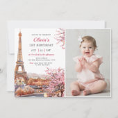 Girl Eiffel Tower Paris 1. Geburtstag Foto Einladung (Vorderseite)