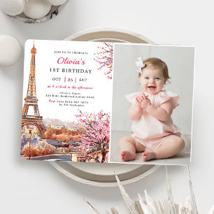 Girl Eiffel Tower Paris 1. Geburtstag Foto Einladung