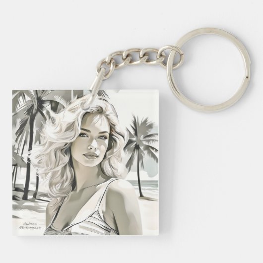 Girl Elegant in Schwarz und Weiß Schlüsselanhänger (Rückseite)