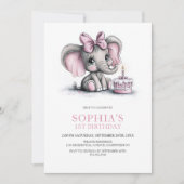 Girl Elephant 1st Birthday Party Invitation Einladung (Vorderseite)