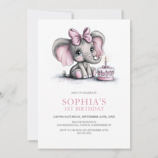 Girl Elephant 1st Birthday Party Invitation Einladung (Vorderseite)
