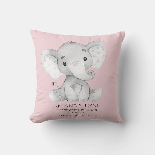 GIRL Elephant Baby Birth Stats Pillow Kissen (Vorderseite)