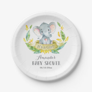 Girl Elephant Baby Dusche Gelb und Grau Pappteller