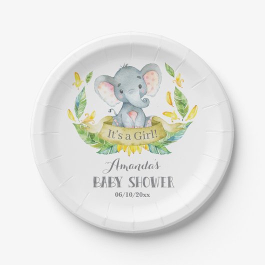 Girl Elephant Baby Dusche Gelb und Grau Pappteller (Vorderseite)