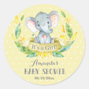Girl Elephant Baby Dusche Gelb und Grau Runder Aufkleber