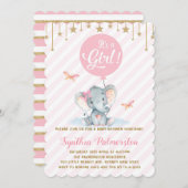 Girl Elephant Baby Dusche Pink Gold Star Einladung (Vorne/Hinten)