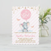 Girl Elephant Baby Dusche Pink Gold Star Einladung (Stehend Vorderseite)