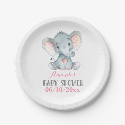 Girl Elephant Baby Dusche Pink Pappteller (Vorderseite)
