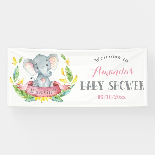 Girl Elephant Baby Dusche Rosa und Grau Banner (Horizontal)