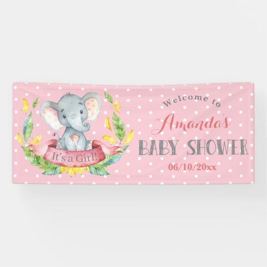 Girl Elephant Baby Dusche Rosa und Grau Banner (Horizontal)