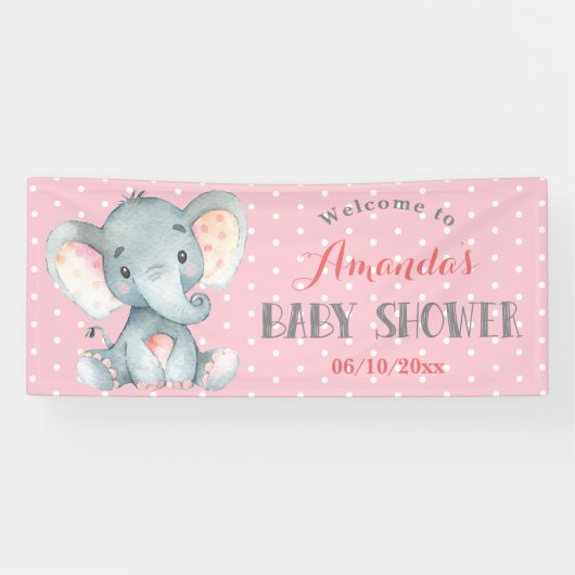 Girl Elephant Baby Dusche Rosa und Grau Banner (Horizontal)