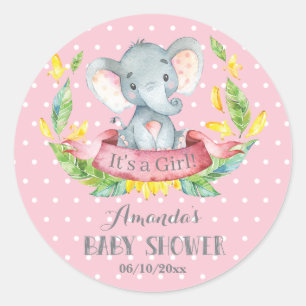Girl Elephant Baby Dusche Rosa und Grau Runder Aufkleber