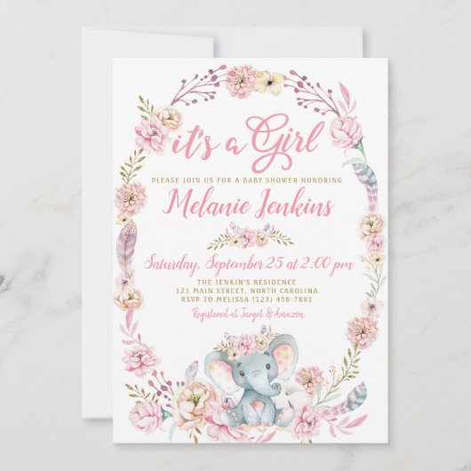 Girl Elephant Baby Shower Bloral Einladung (Vorderseite)