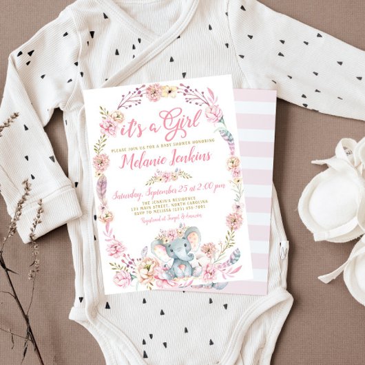 Girl Elephant Baby Shower Bloral Einladung