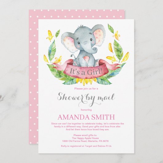 Girl Elephant Baby Shower by Mail Einladung (Vorne/Hinten)