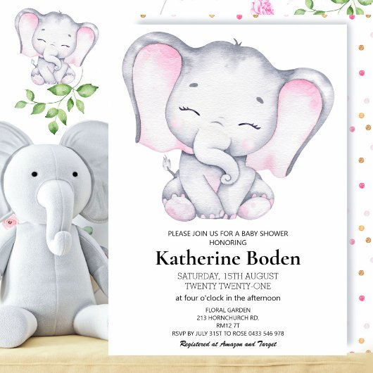 Girl Elephant Baby Shower Einladung