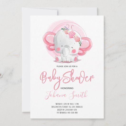 Girl Elephant Baby Shower Einladung (Vorderseite)