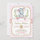 Girl Elephant Babydusche Einladung Pink & Gold (Vorderseite)