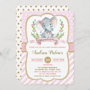 Girl Elephant Babydusche Einladung Pink & Gold