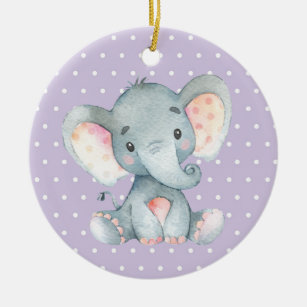 Girl Elephant Babydusche Lila Keramik Ornament