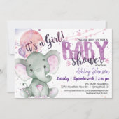 Girl Elephant Babydusche Lila, Lavendel Einladung (Vorderseite)