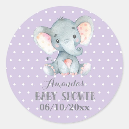 Girl Elephant Babydusche Lila und grau Runder Aufkleber (Vorderseite)