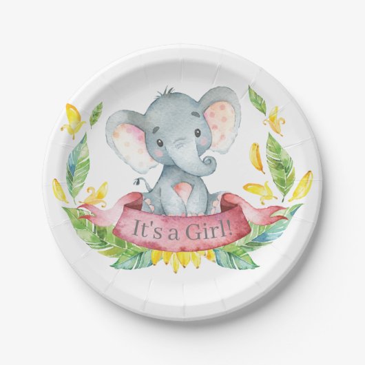 Girl Elephant Babydusche Rosa Papierplatte Pappteller (Vorderseite)