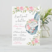 Girl Elephant Floral Baby Dusche Einladung (Stehend Vorderseite)