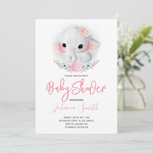 Girl Elephant Floral Baby Shower Einladung (Stehend Vorderseite)