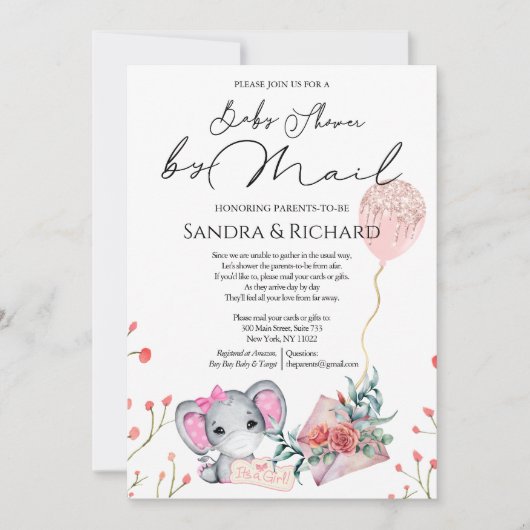 Girl Elephant Gold Glitzer Ballon Dusche by Mail Einladung (Vorderseite)