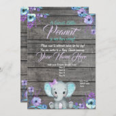 Girl Elephant Kinderdusche Einladung, rustikal, aq Einladung (Vorne/Hinten)