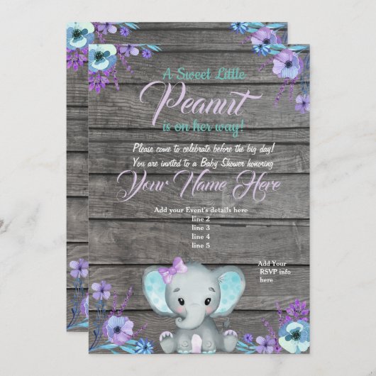 Girl Elephant Kinderdusche Einladung, rustikal, aq Einladung (Vorne/Hinten)