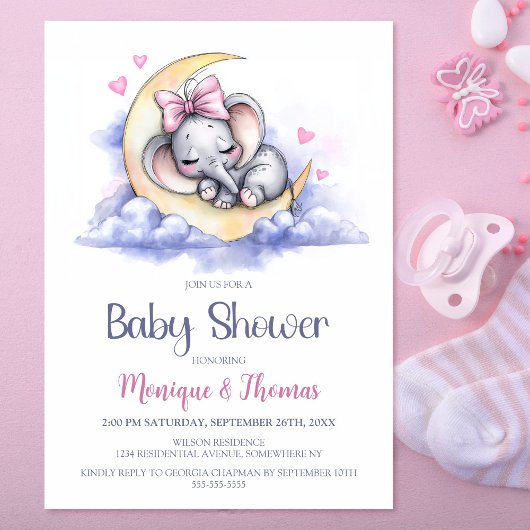 Girl Elephant Moon Baby Shower Einladung