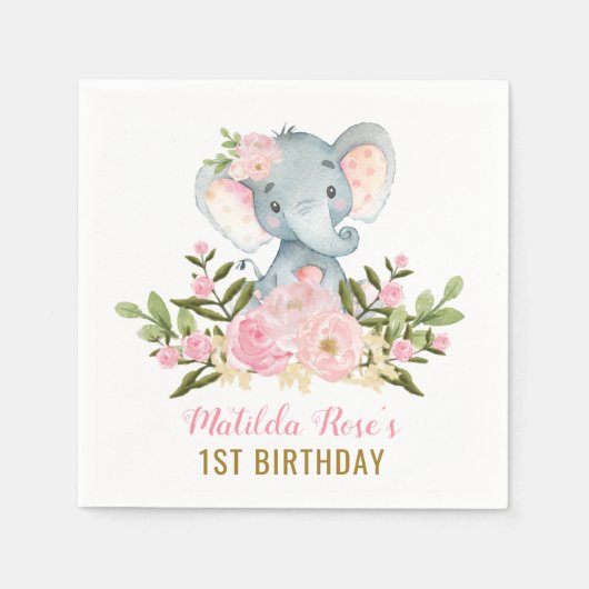 Girl Elephant Paper Napkin Pink Floral Geburtstag Serviette (Vorderseite)